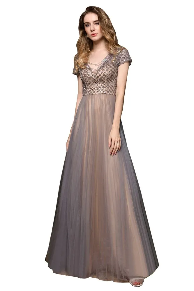 Striking  Aline Long Evening Dress Quincenera Swing Dress Short Sleeves