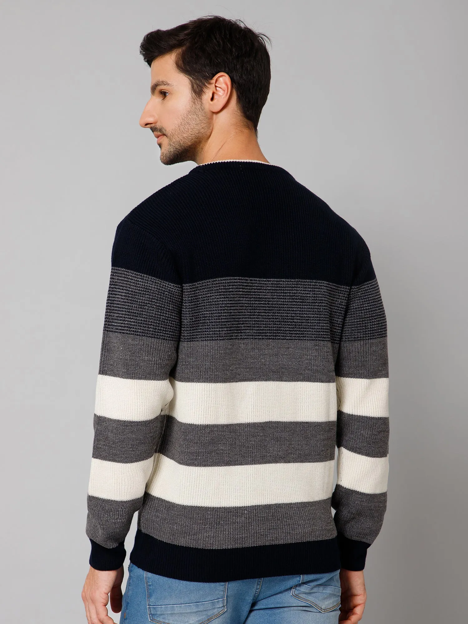 Striped Grey Full Sleeves Round Neck Regular Fit Casual Sweater for Men