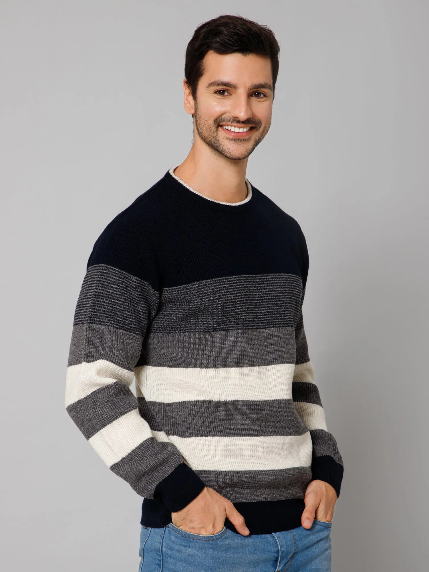 Striped Grey Full Sleeves Round Neck Regular Fit Casual Sweater for Men