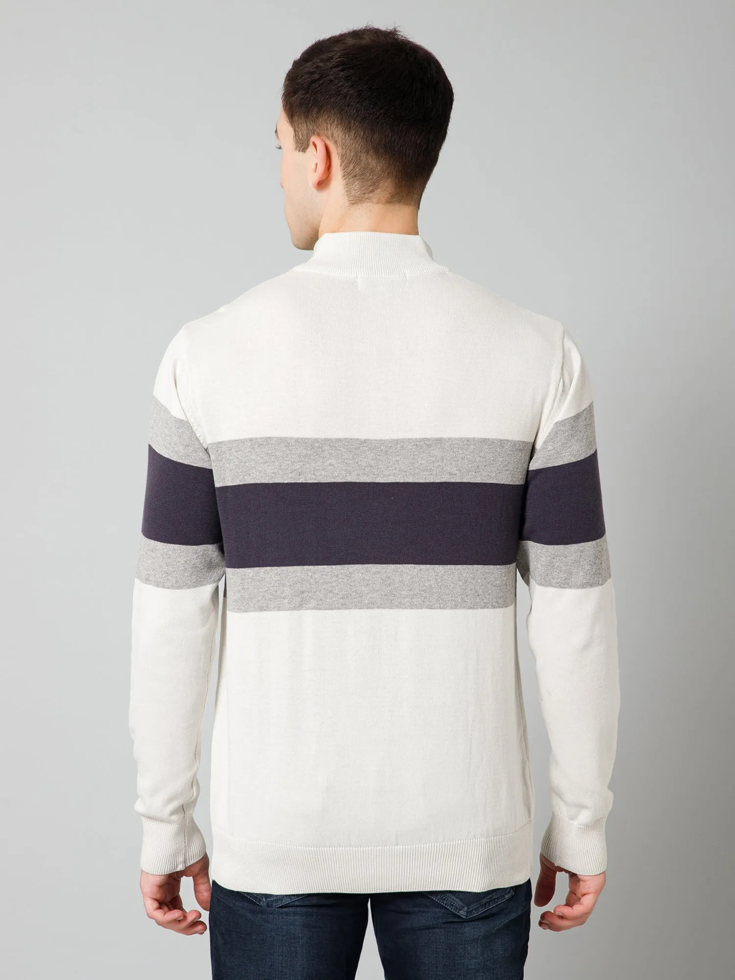 Striped Off White Full Sleeves Mock Collar Regular Fit Casual Sweater for Men