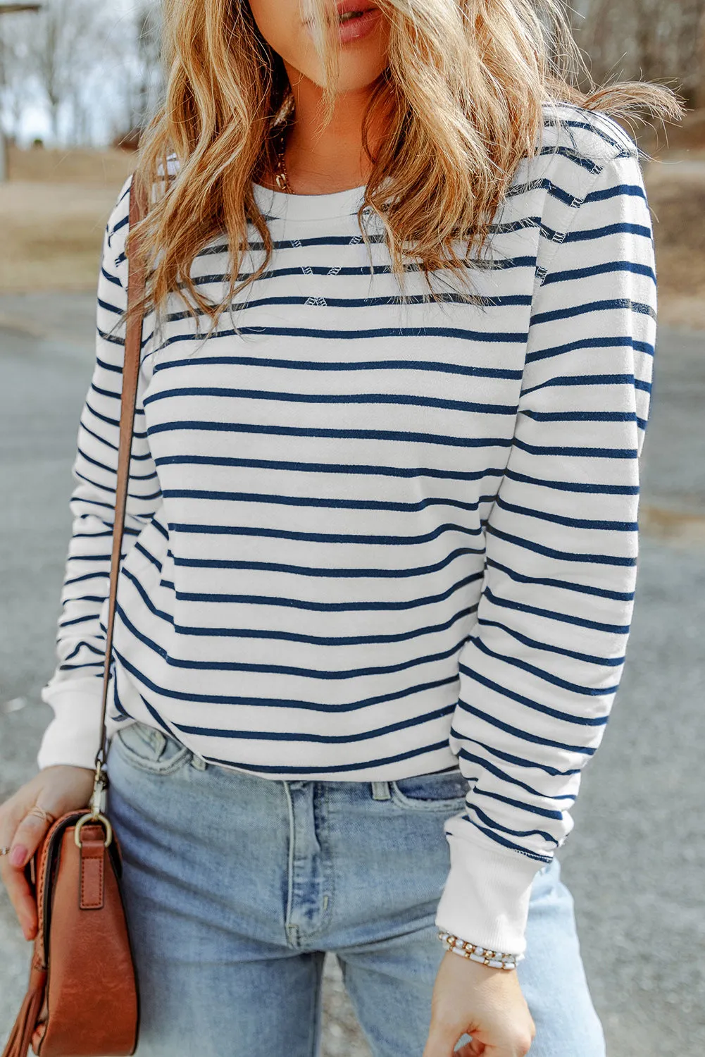 Striped Ribbed Trim Long Sleeve Top