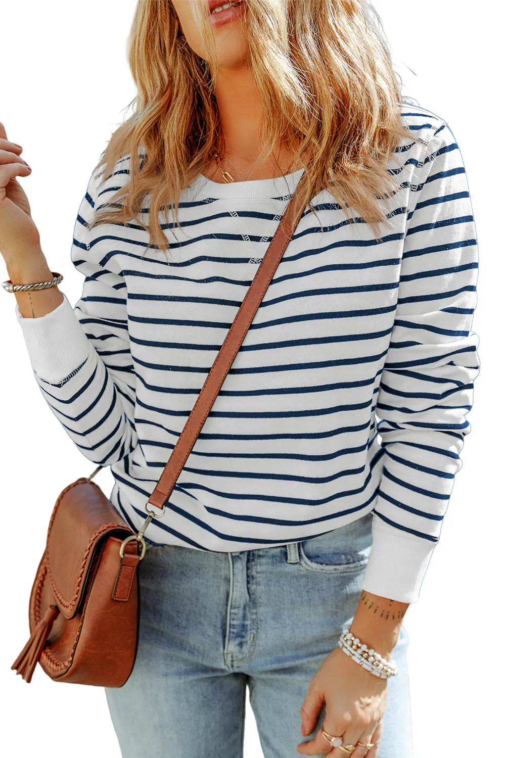 Striped Ribbed Trim Long Sleeve Top