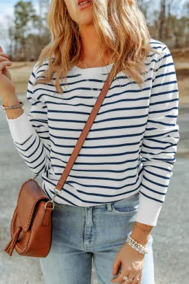 Striped Ribbed Trim Long Sleeve Top