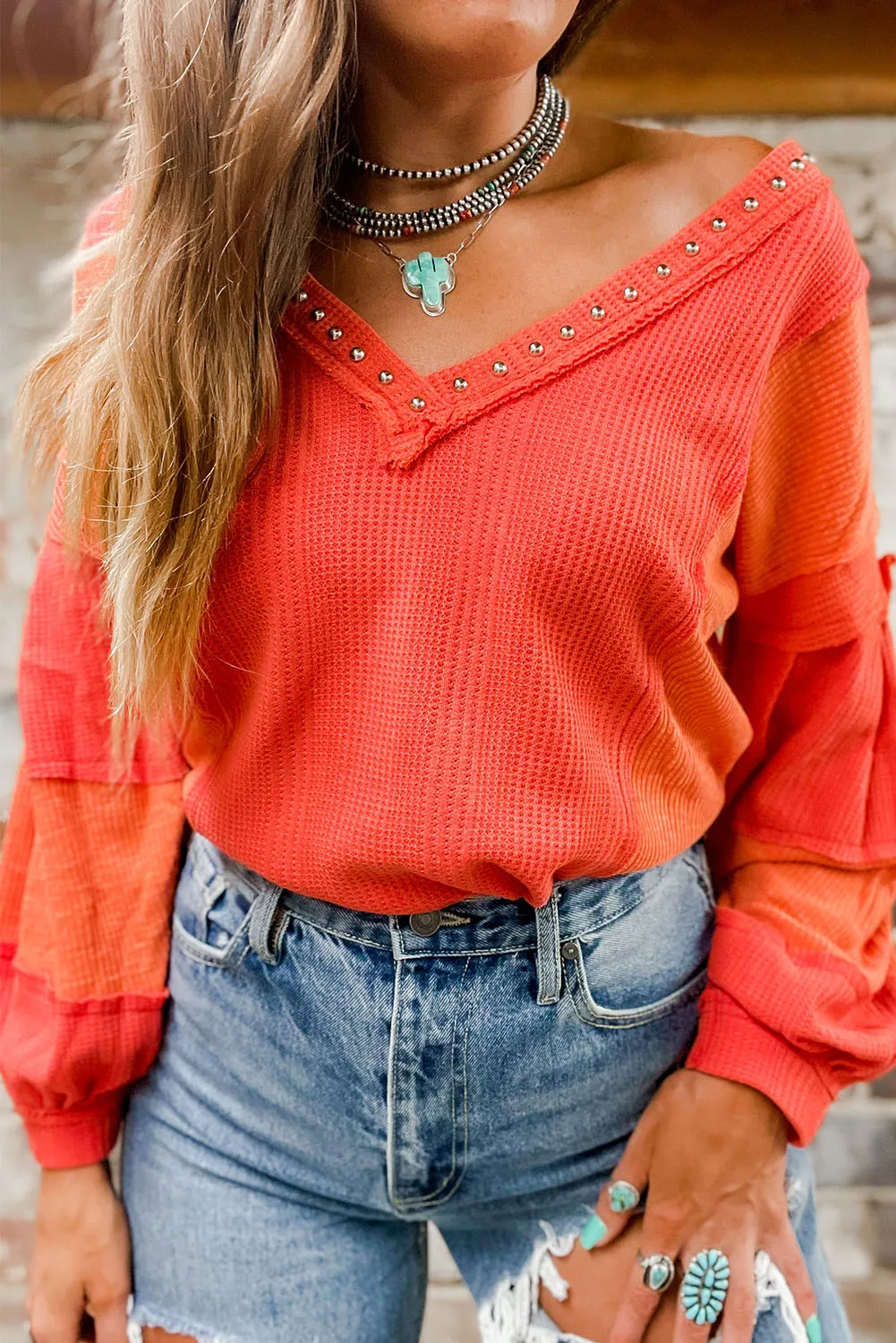 Studded V Neckline Textured Knit Top