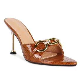 Tan Buckled High Heel Slide Sandals