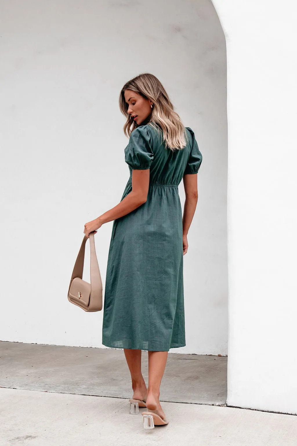 Teal Puff Sleeve Textured Midi Dress - FINAL SALE