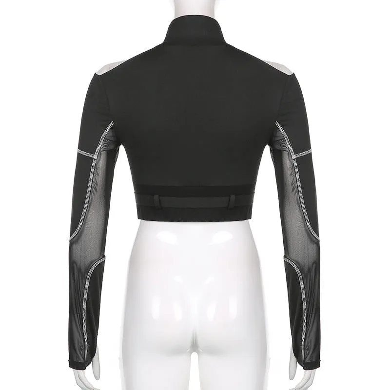 Techwear Mesh Buckle Cropped Long Top