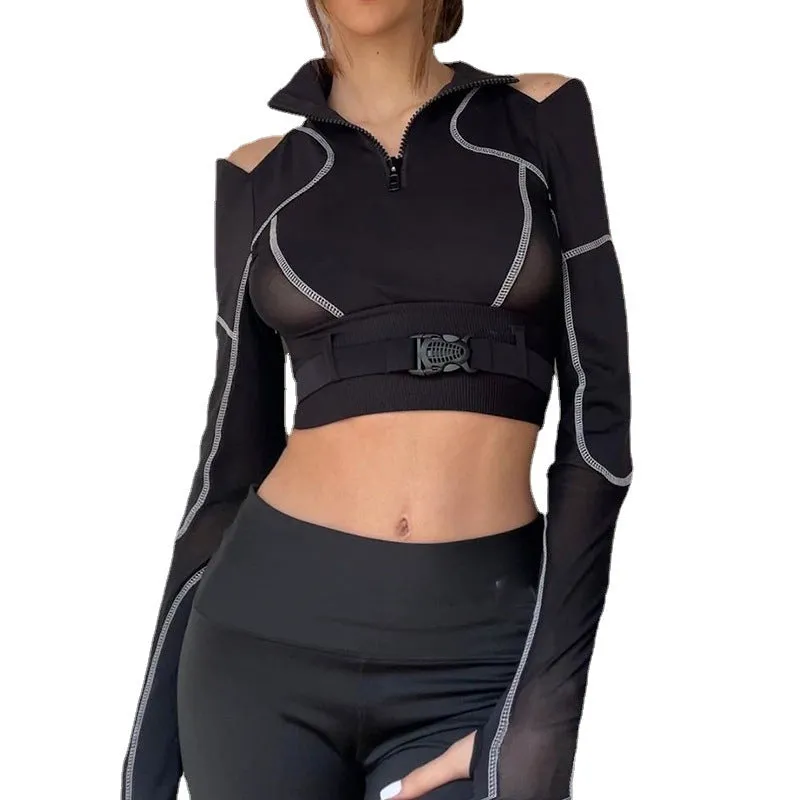 Techwear Mesh Buckle Cropped Long Top