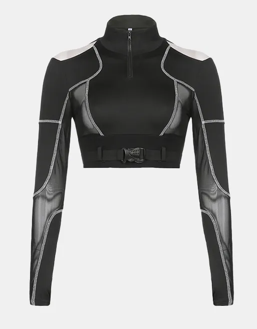 Techwear Mesh Buckle Cropped Long Top