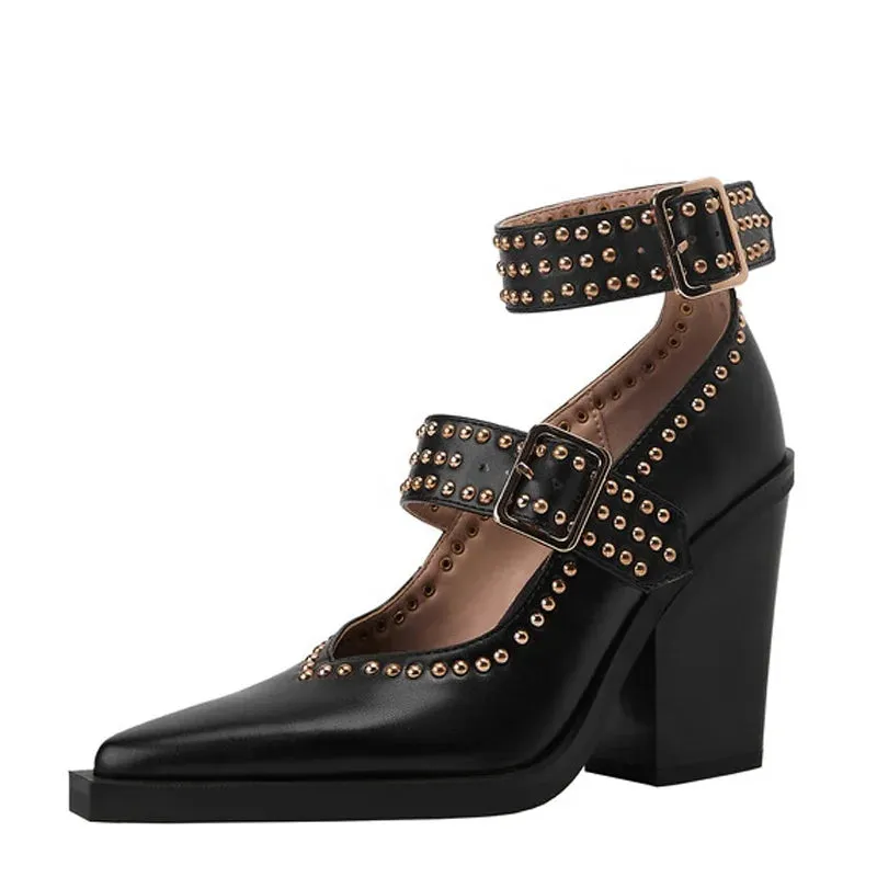 Trend4us Women's Luxury Studded Buckle Strap Block Heel Pumps