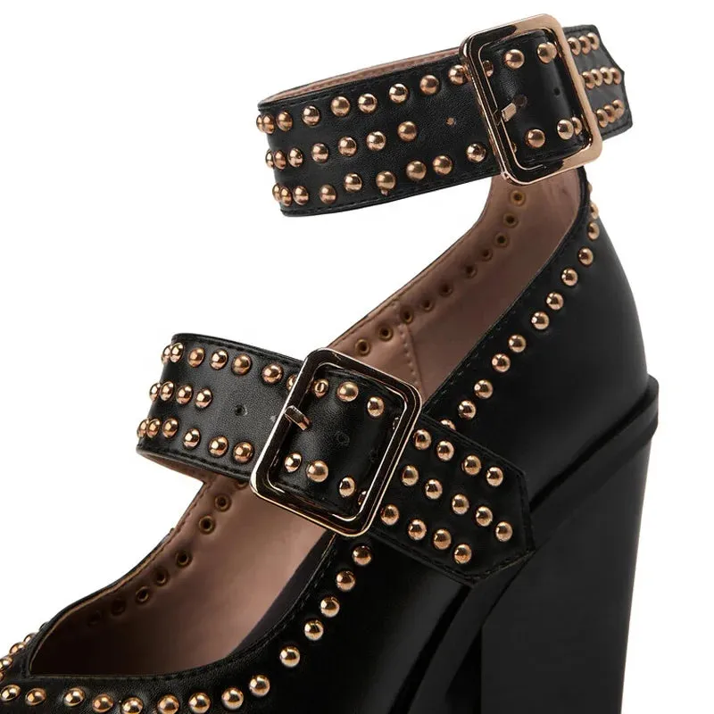 Trend4us Women's Luxury Studded Buckle Strap Block Heel Pumps