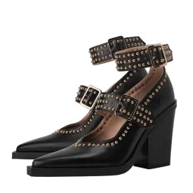 Trend4us Women's Luxury Studded Buckle Strap Block Heel Pumps