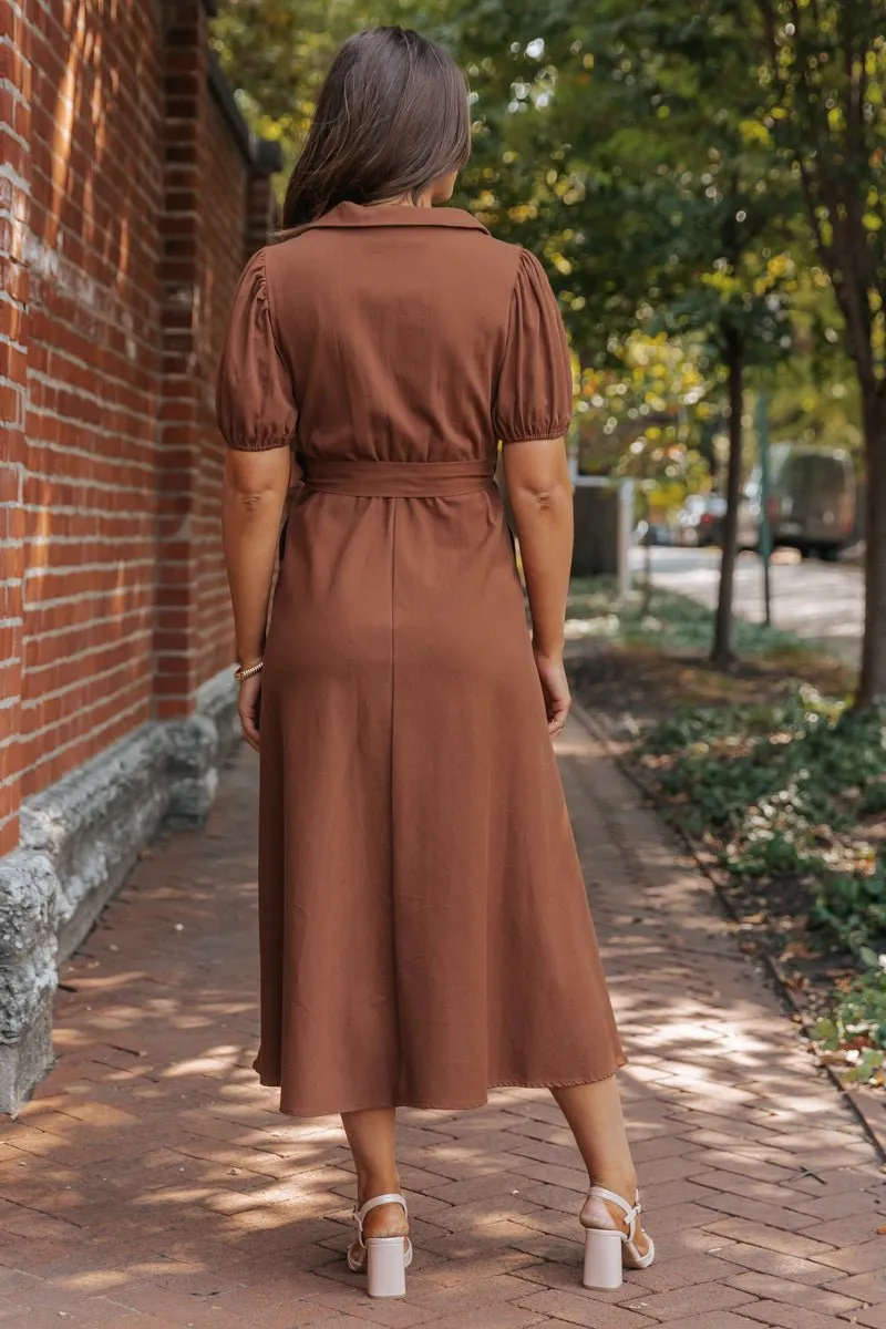 True Autumn Brown Belted Midi Dress - DOORBUSTER