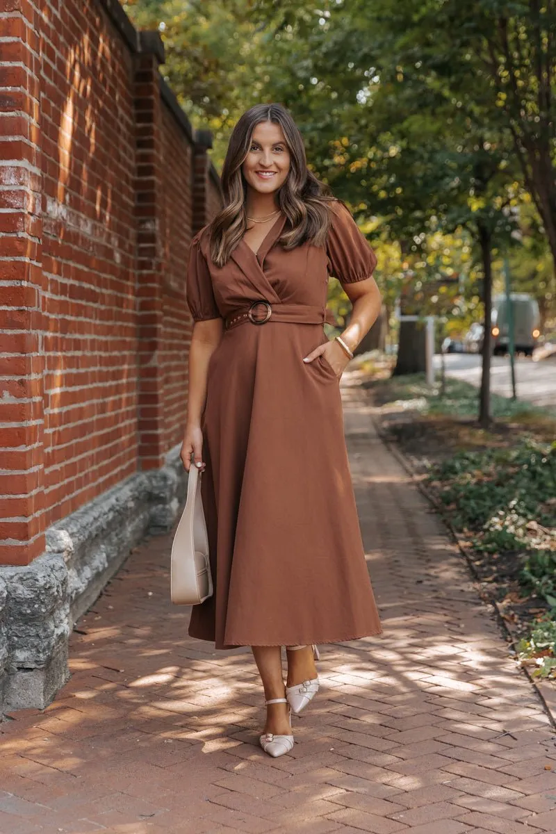 True Autumn Brown Belted Midi Dress - DOORBUSTER