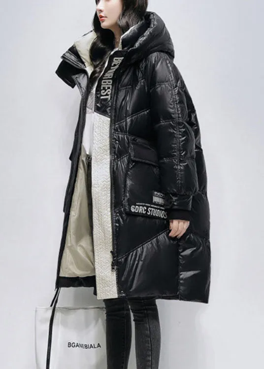 Unique Black hooded zippered low high design Winter Duck Down Coats