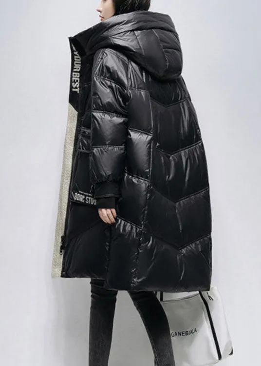 Unique Black hooded zippered low high design Winter Duck Down Coats