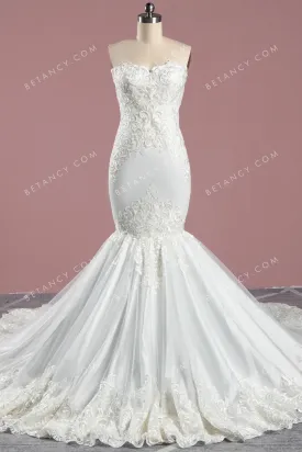 Unique Pattern Lace Ivory Satin Mermaid Bridal Dress