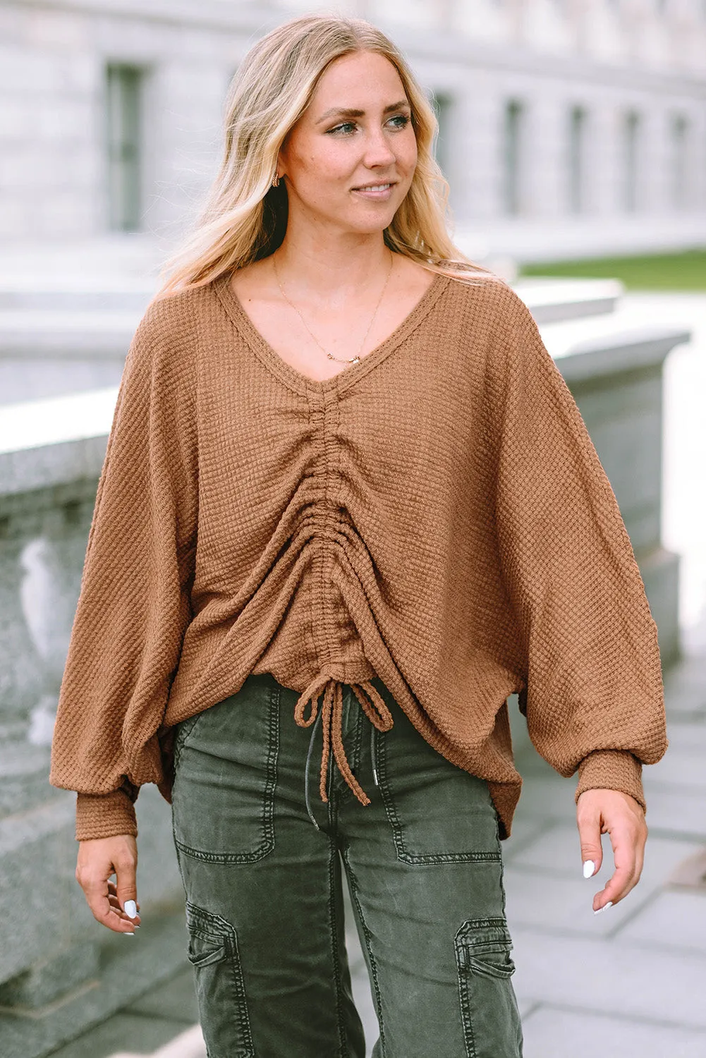 V-Neck Drawstring Waffle Knit Top