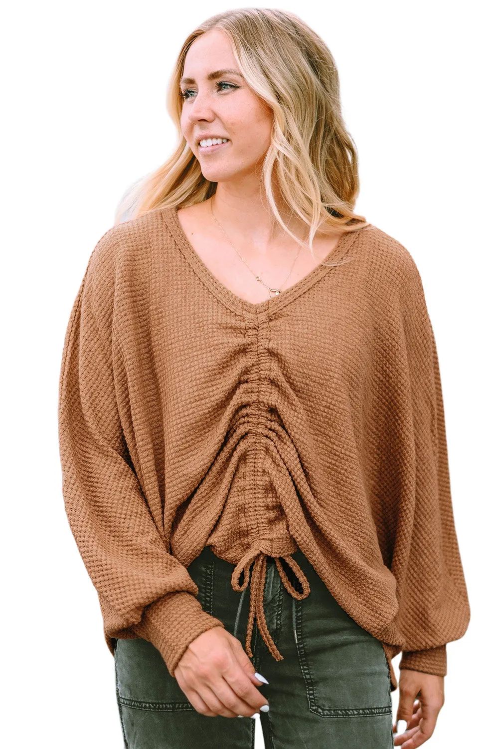 V-Neck Drawstring Waffle Knit Top