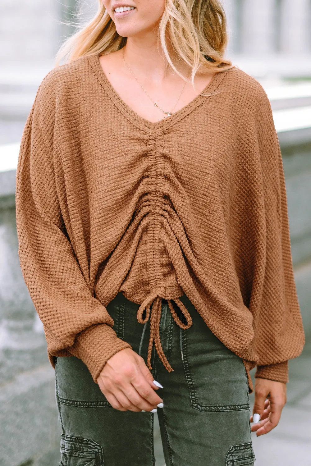 V-Neck Drawstring Waffle Knit Top