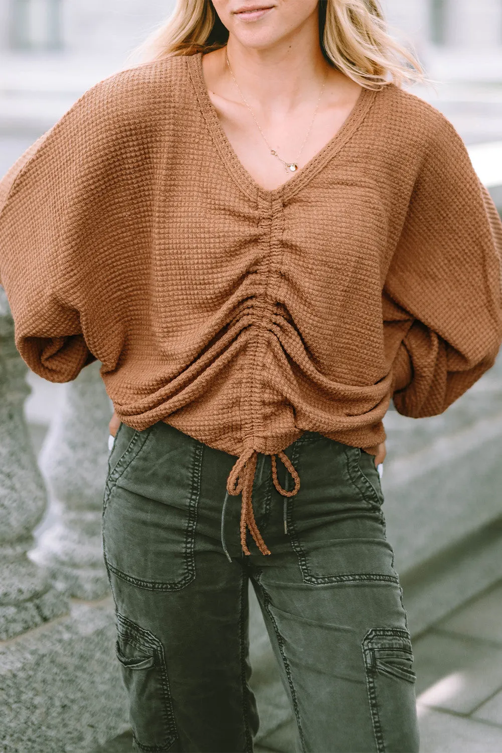 V-Neck Drawstring Waffle Knit Top