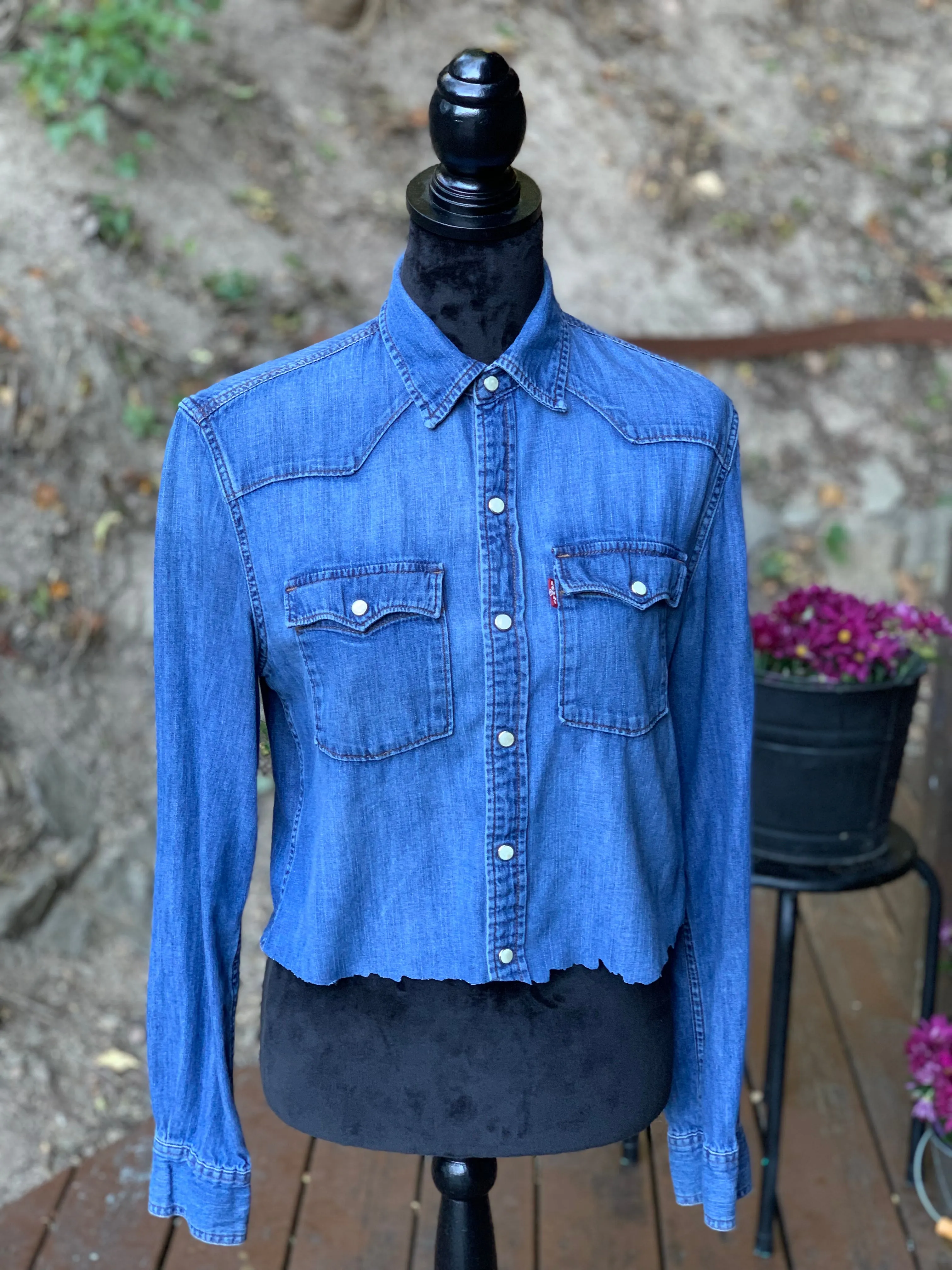 Vintage Cropped Levis Denim Shirt with Pearl Snaps