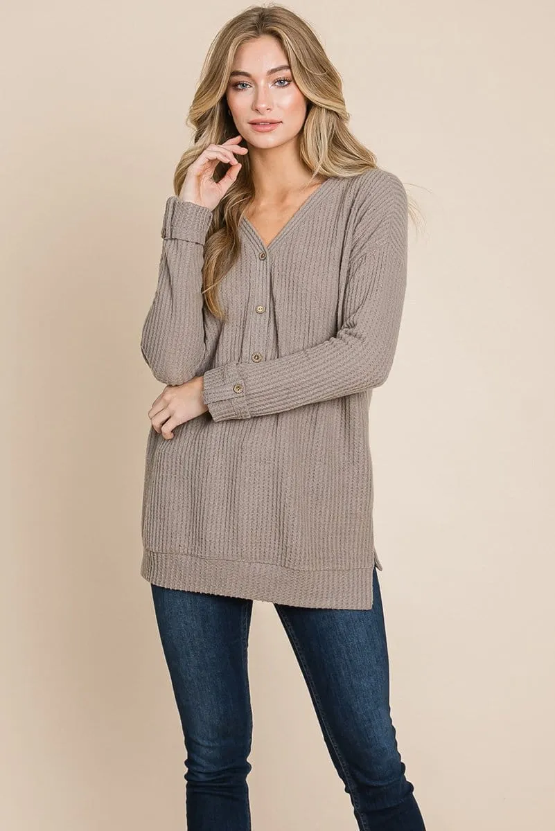 Waffle Brushed V Neck Knit Henley Sweater Sweatshirts