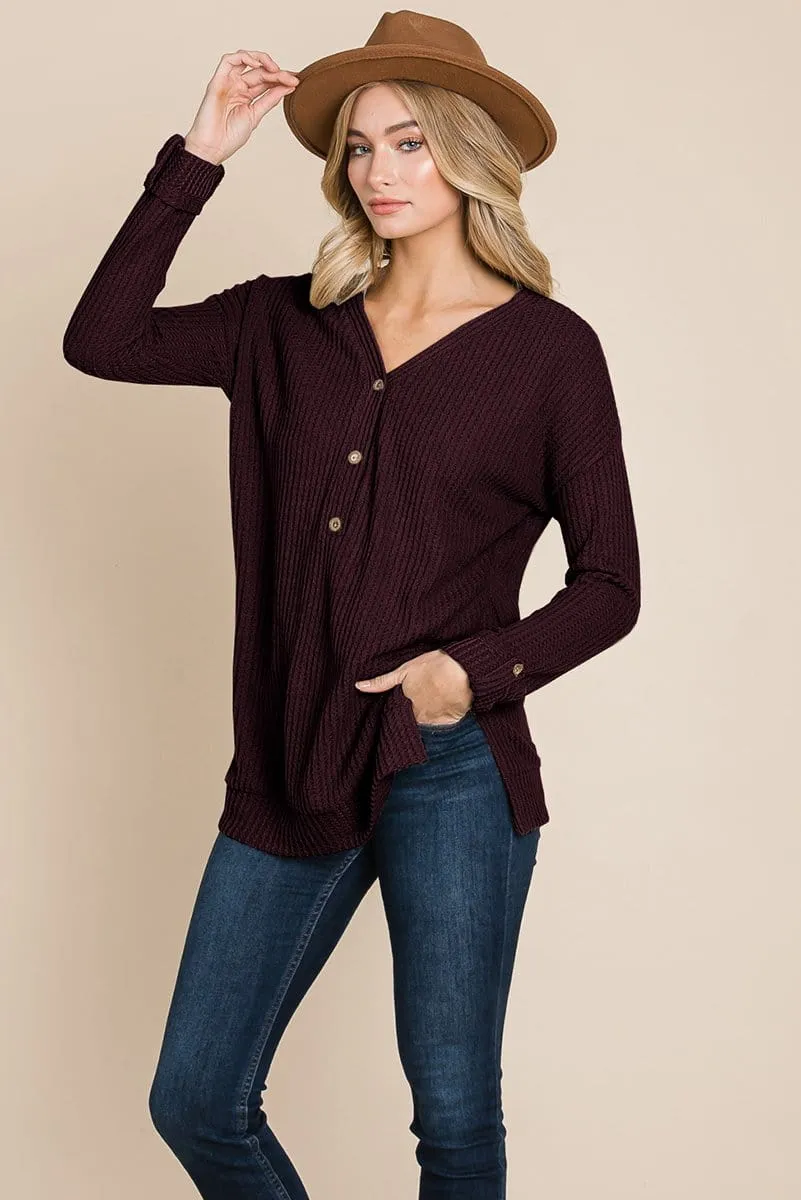 Waffle Brushed V Neck Knit Henley Sweater Sweatshirts