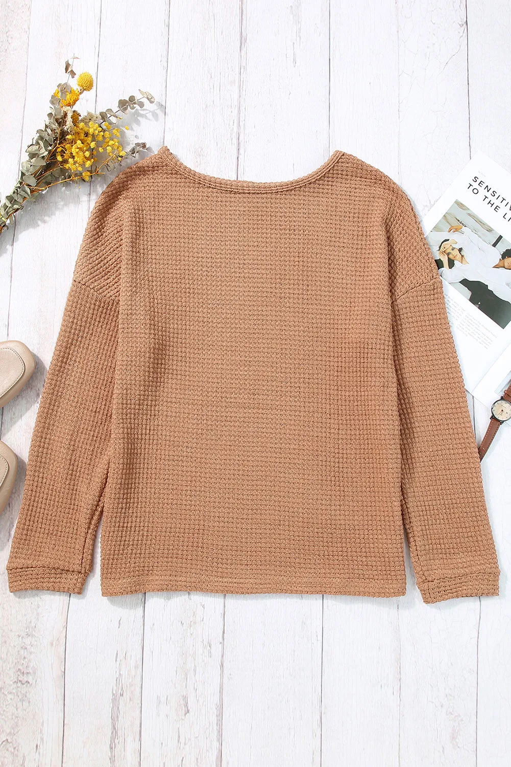 Waffle Drop Shoulder Long Sleeve Top