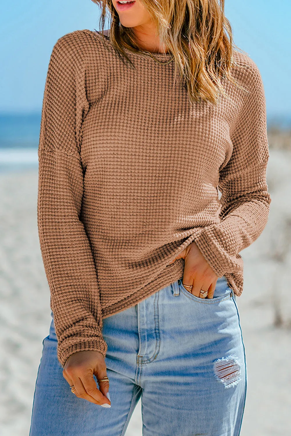 Waffle Drop Shoulder Long Sleeve Top