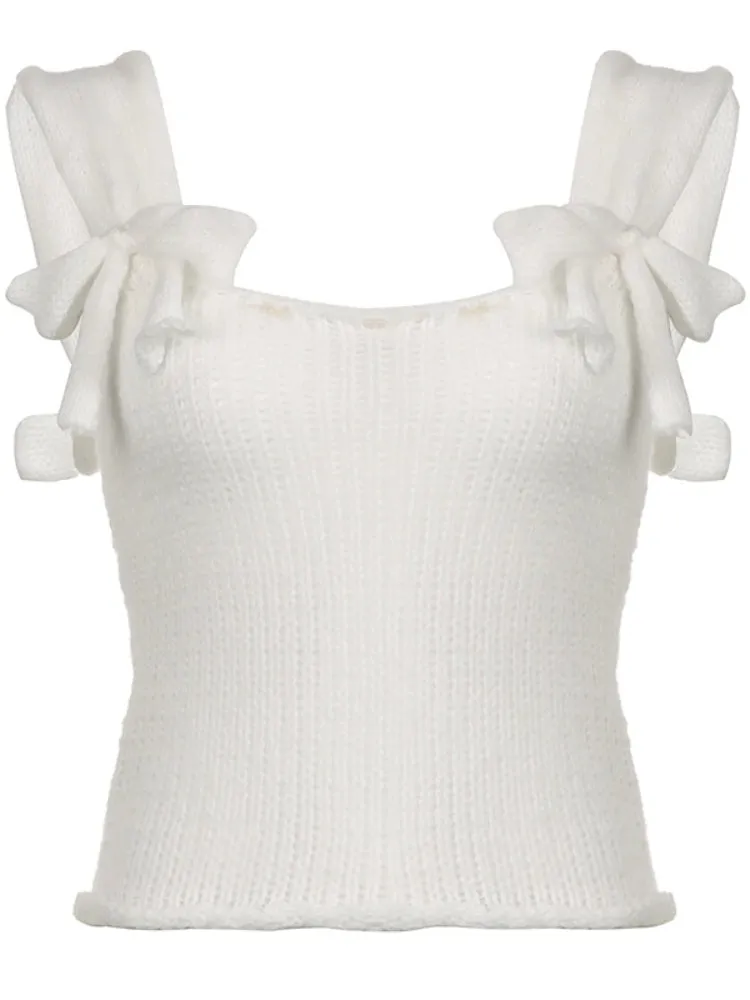 White Knitted Bow  See-Through Top