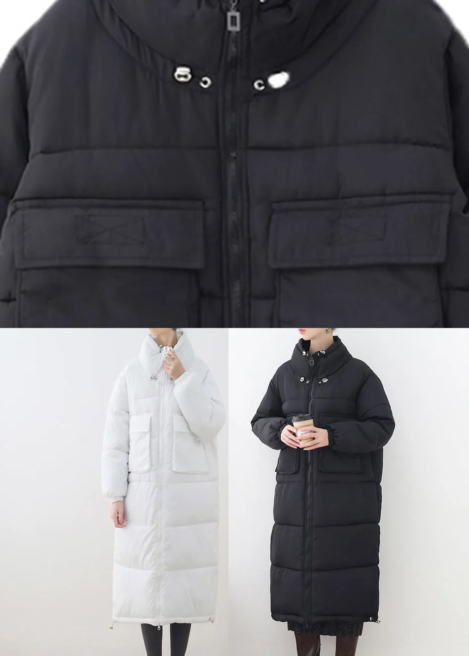 White Stand Collar Zippered Drawstring Thick Parka Long Sleeve