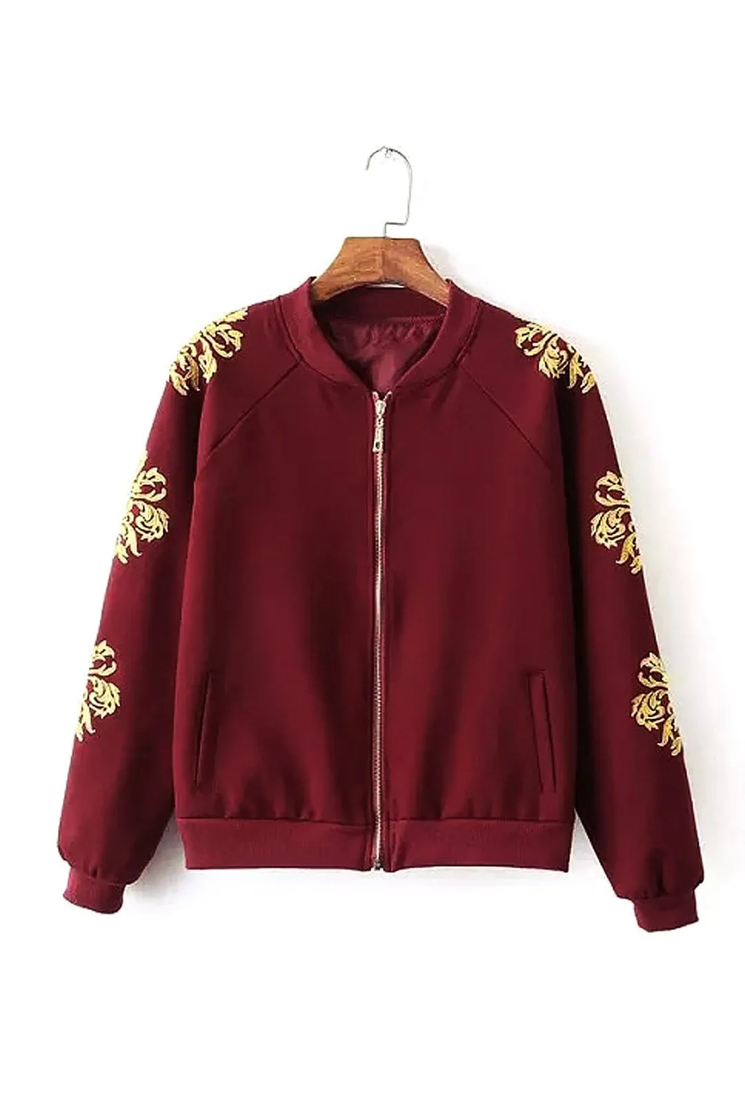 Wholesale Burgundy Long Sleeve Embroidered Side Pockets Coats