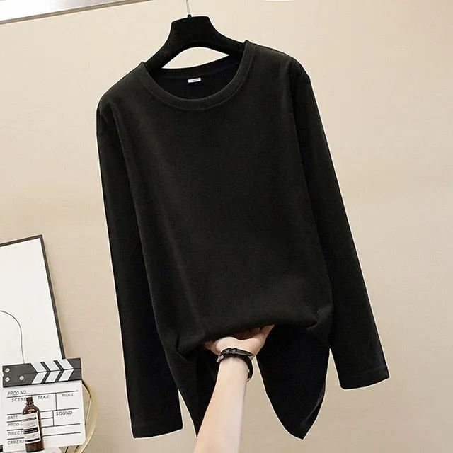 Wjczt Cotton Basic Long Sleeve Womens T-shirt Casual Black White Fashion Solid Top Ladies Fashion Korean Tee Shirt Plus Size