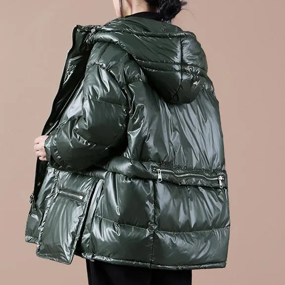 women oversize winter jacket coats blackish green hooded zippered down coat