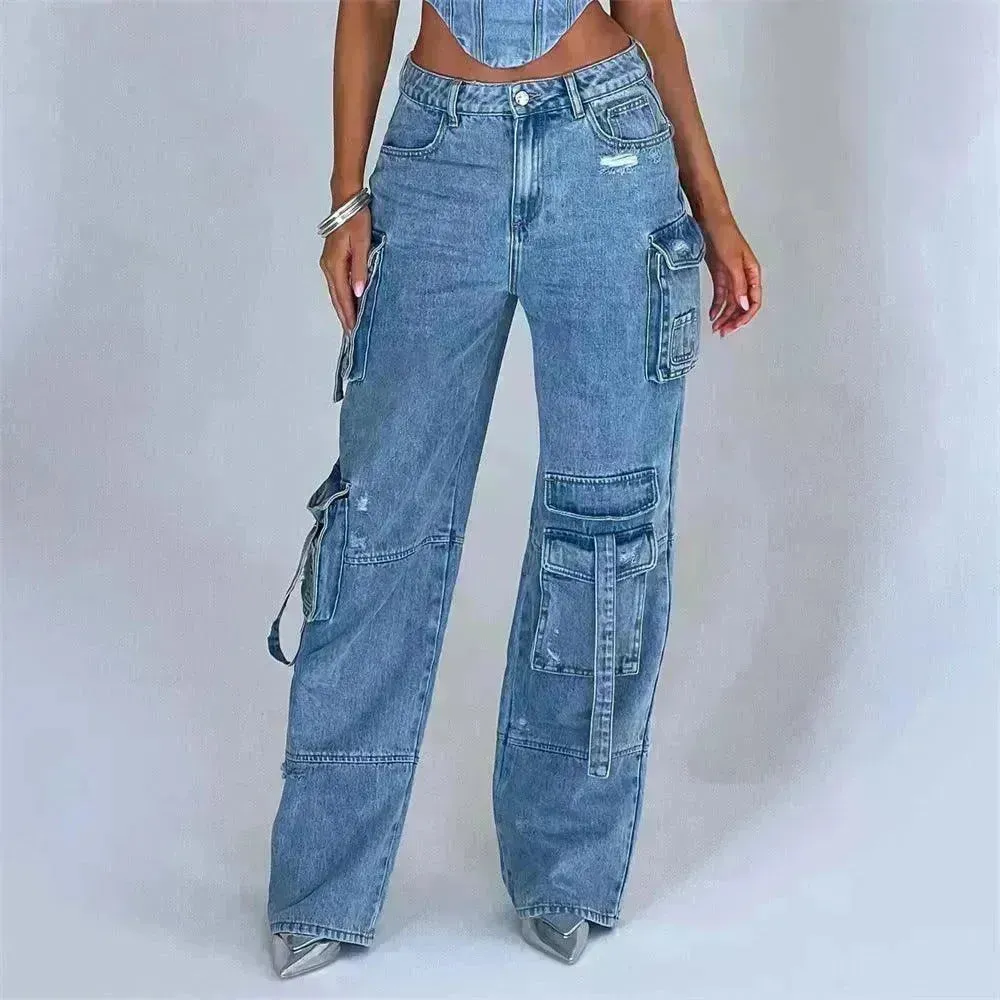 Women's American-style Low Waist Three-dimensional Pocket Stitching Jeans Denim Cargo Pant Trouser. Denim Outfit Set