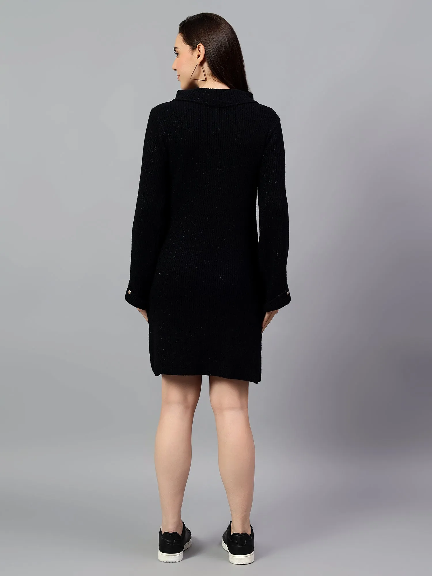 Women's Black Solid Above Knee Winter Casual Dress