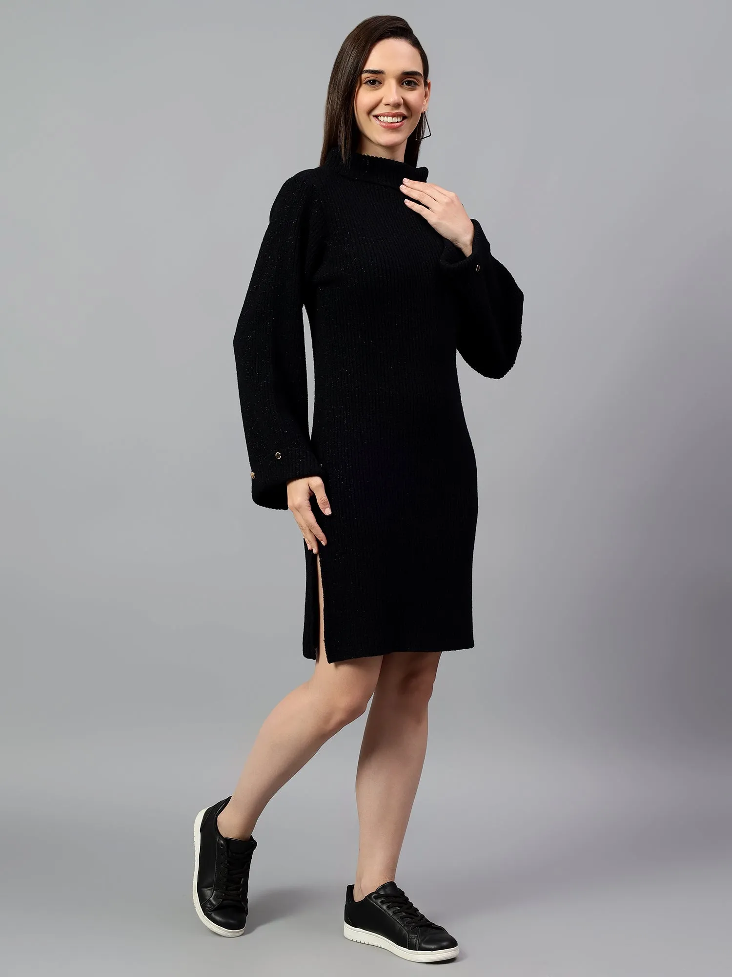 Women's Black Solid Above Knee Winter Casual Dress