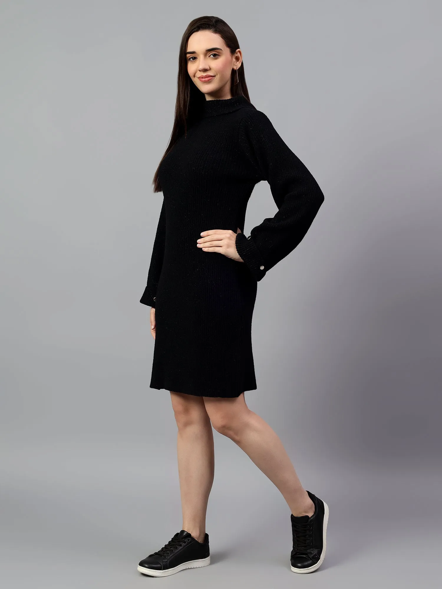 Women's Black Solid Above Knee Winter Casual Dress