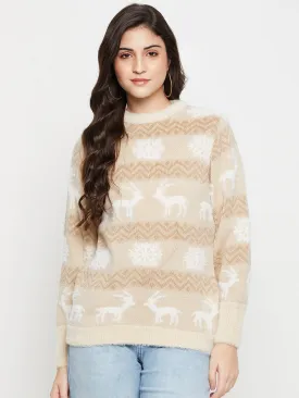 Women's Casual  Brown Round neck Pullover Sweater