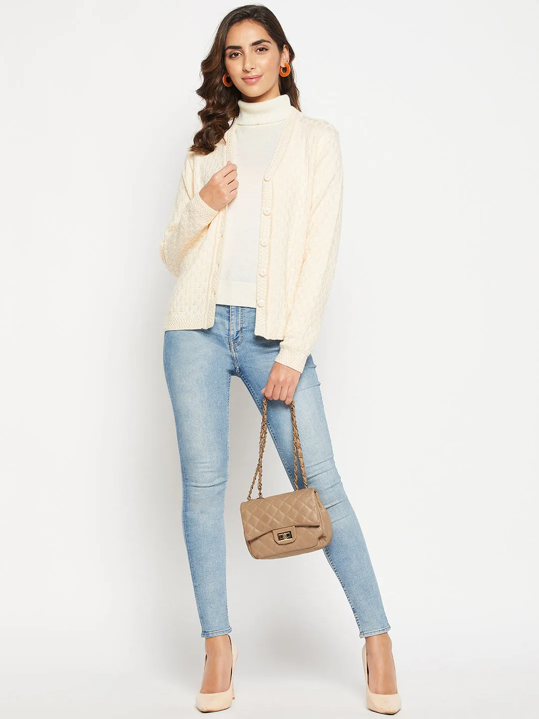 Women's Casual  OffWhite V neck Cardigan Sweater