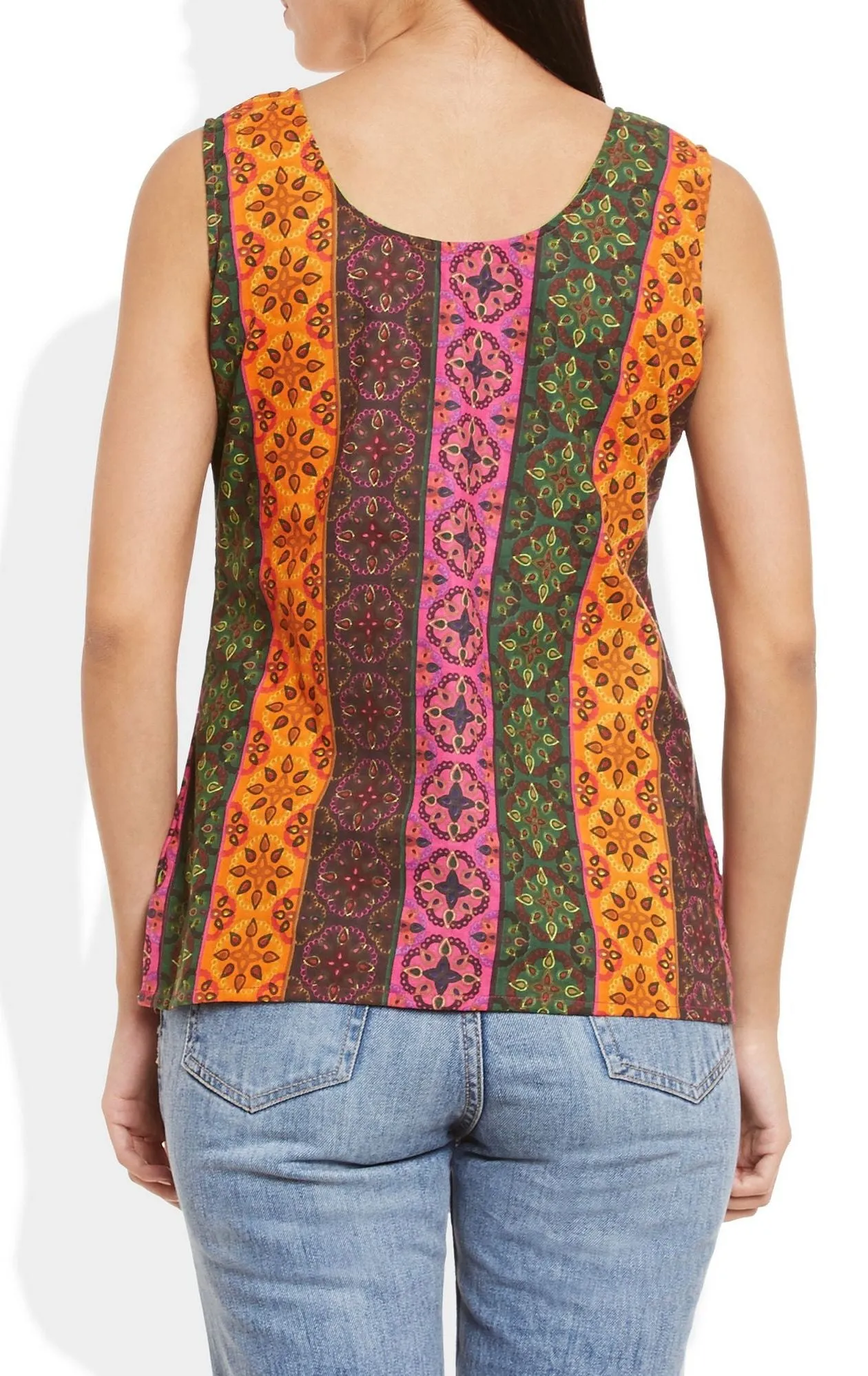 Womens Cotton Printed Short Top Kurti Sleeveless With Contrast Placket And Buttons,2X-Large,W-CST40-3102