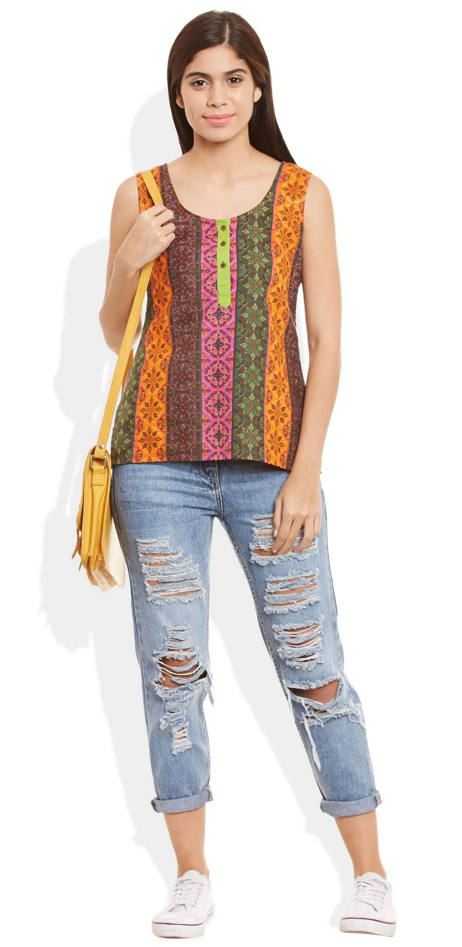 Womens Cotton Printed Short Top Kurti Sleeveless With Contrast Placket And Buttons,2X-Large,W-CST40-3102