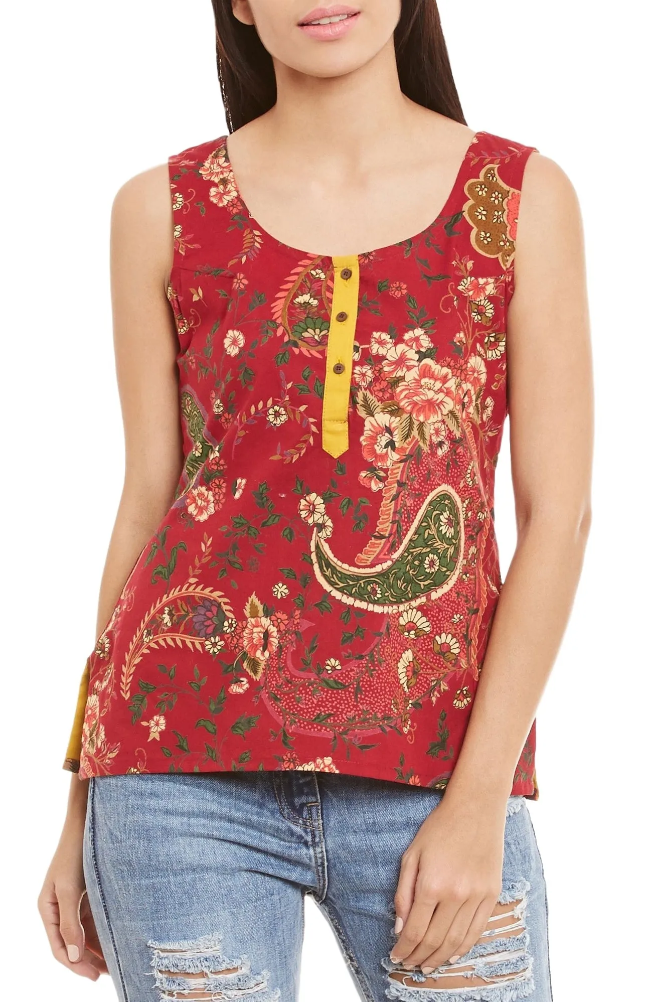 Womens Cotton Printed Short Top Kurti Sleeveless With Contrast Placket And Buttons,Medium,W-CST34-3106