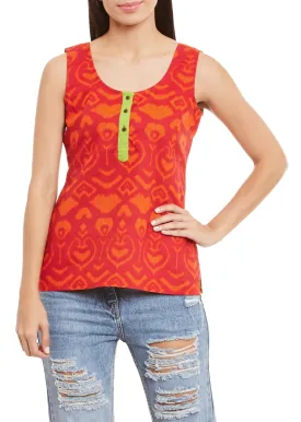 Womens Cotton Printed Short Top Kurti Sleeveless With Contrast Placket And Buttons,Small,W-CST32-3138