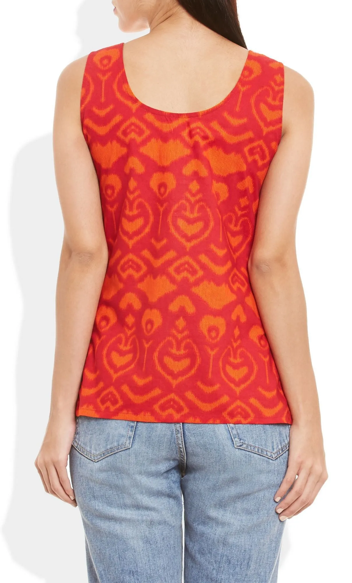 Womens Cotton Printed Short Top Kurti Sleeveless With Contrast Placket And Buttons,Small,W-CST32-3138