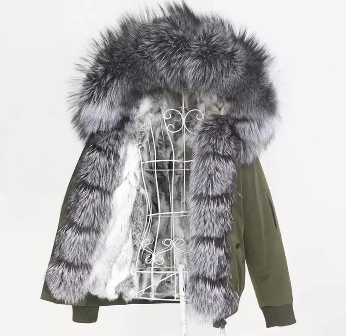 Women's Fox Fur Short Parka in Green