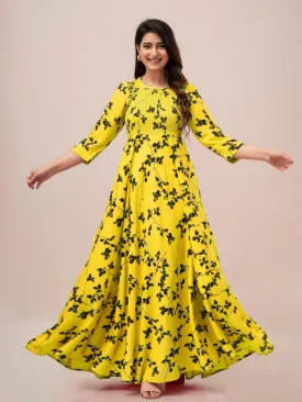 Yellow Floral Print Smocked Maxi Fit and Flare Dress - SHKUP1321