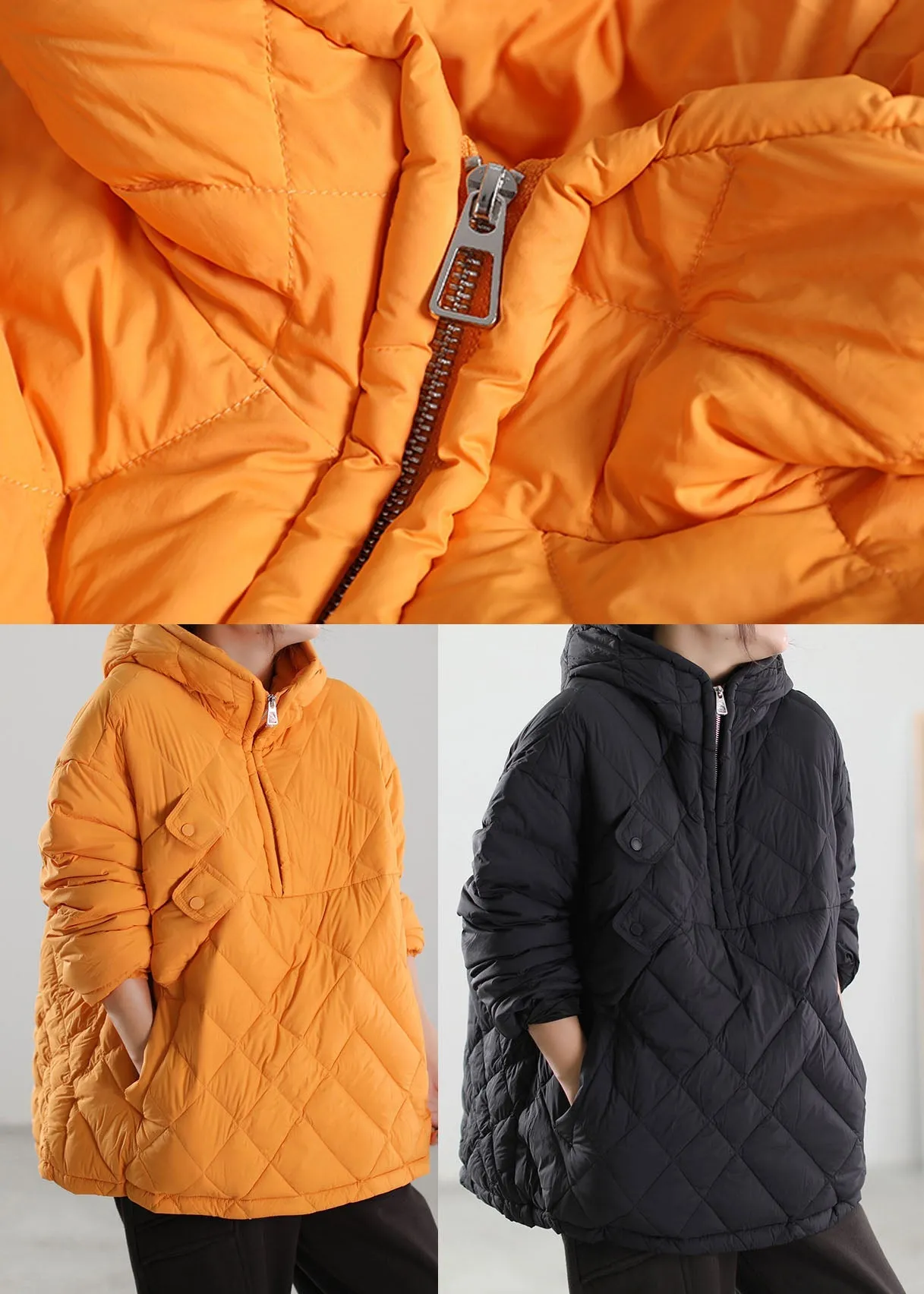 Yellow Pockets Duck Down Puffers Jackets Zip Up Winter