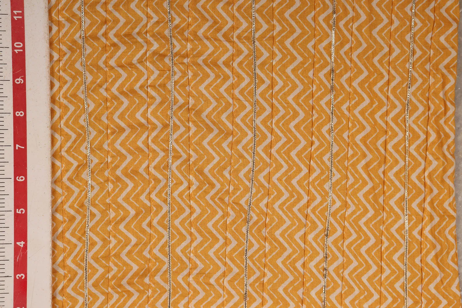 Yellow Printed Pintuck Cotton With Gota Fabric